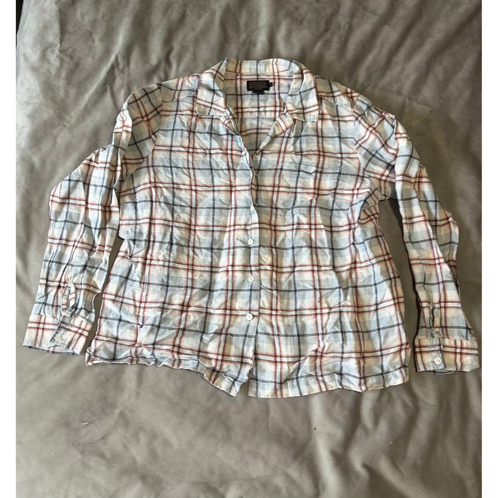 Pendleton Plaid Button Down Shirt Mens XL Long Sleeve White Blue Red Pocket